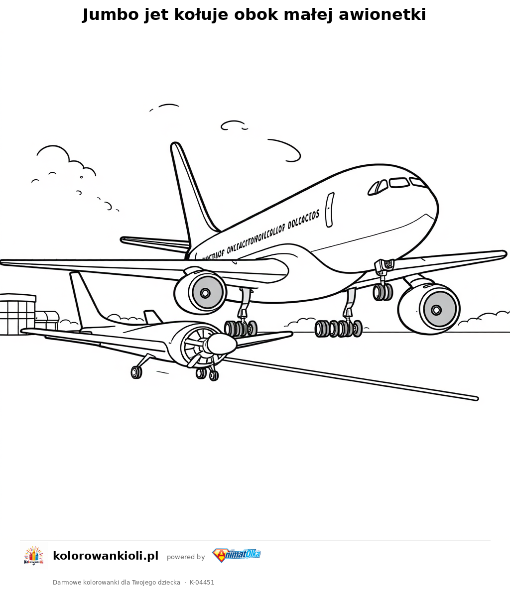 Jumbo jet kołuje obok małej awionetki — kolorowanka do wydruku dla dzieci