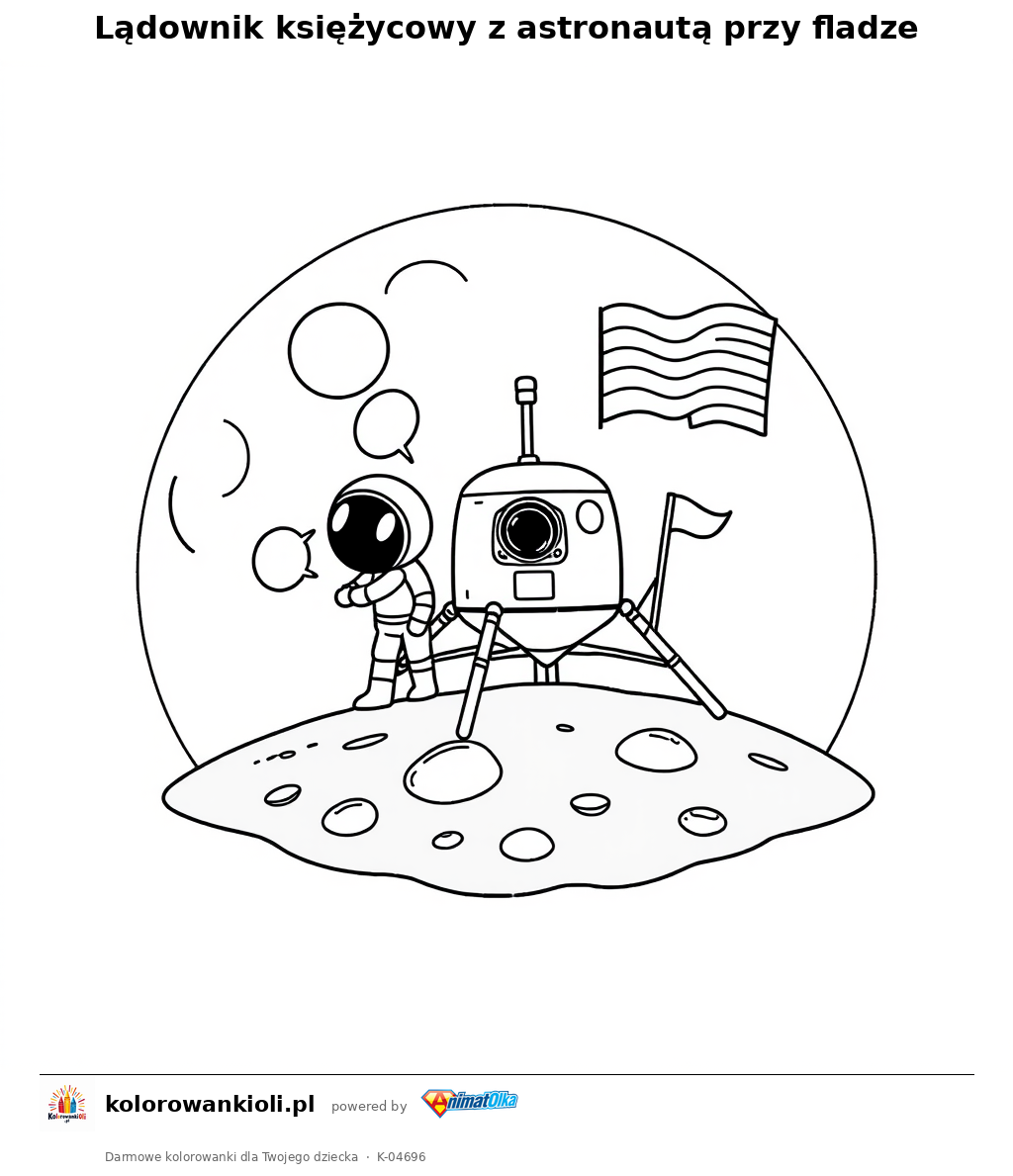 Lądownik księżycowy z astronautą przy fladze — kolorowanka do wydruku dla dzieci