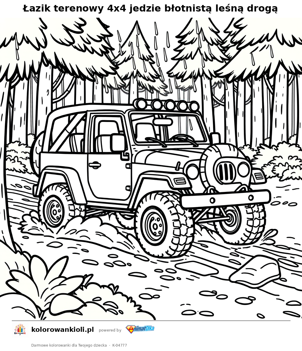 Łazik terenowy 4x4 jedzie błotnistą leśną drogą — kolorowanka do wydruku dla dzieci