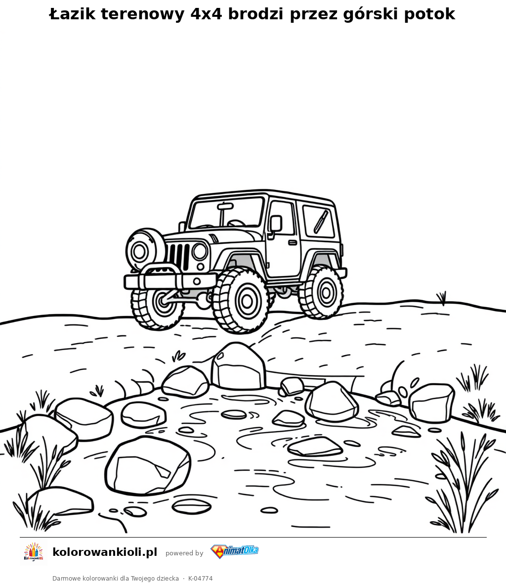 Łazik terenowy 4x4 brodzi przez górski potok — kolorowanka do wydruku dla dzieci