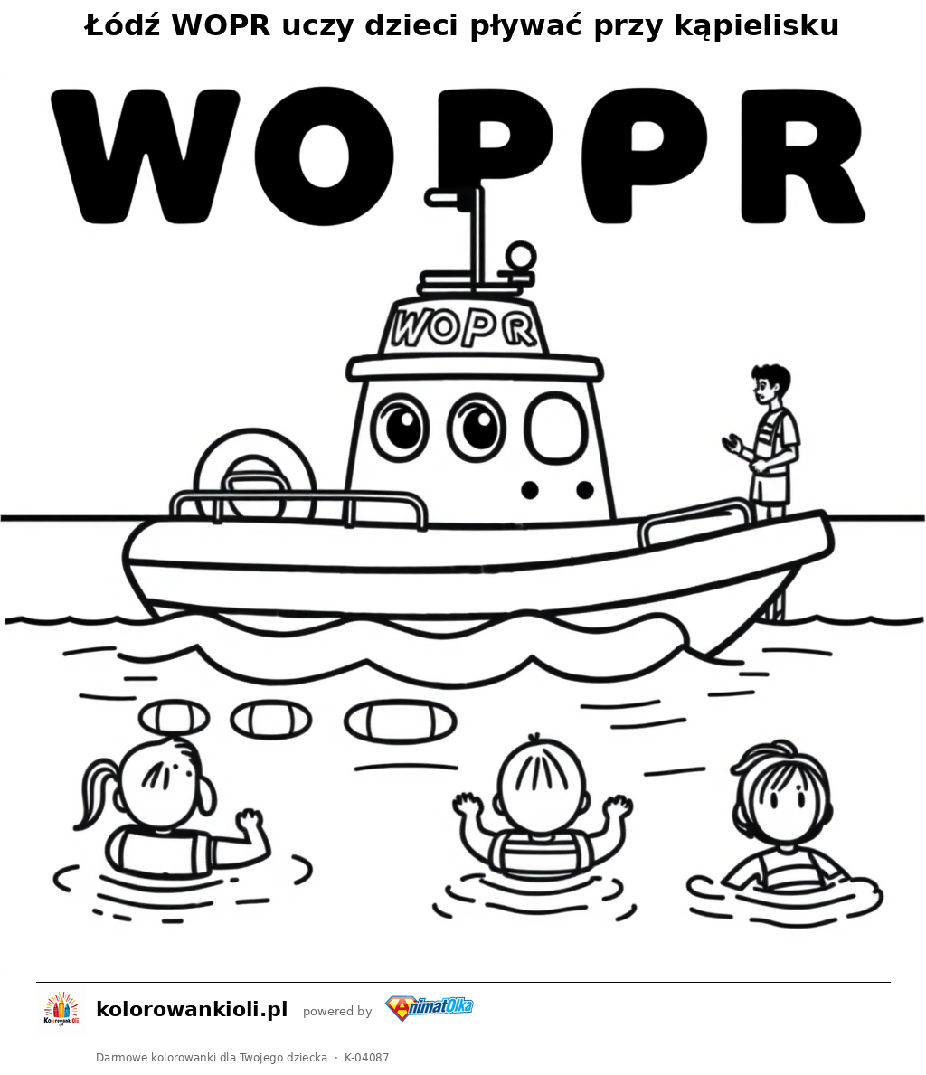 Łódź WOPR uczy dzieci pływać przy kąpielisku — kolorowanka do wydruku dla dzieci