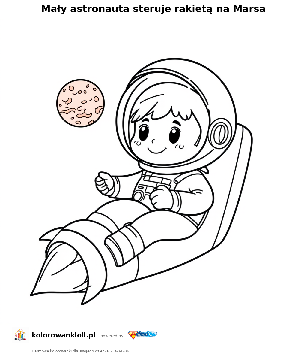 Mały astronauta steruje rakietą na Marsa — kolorowanka do wydruku dla dzieci