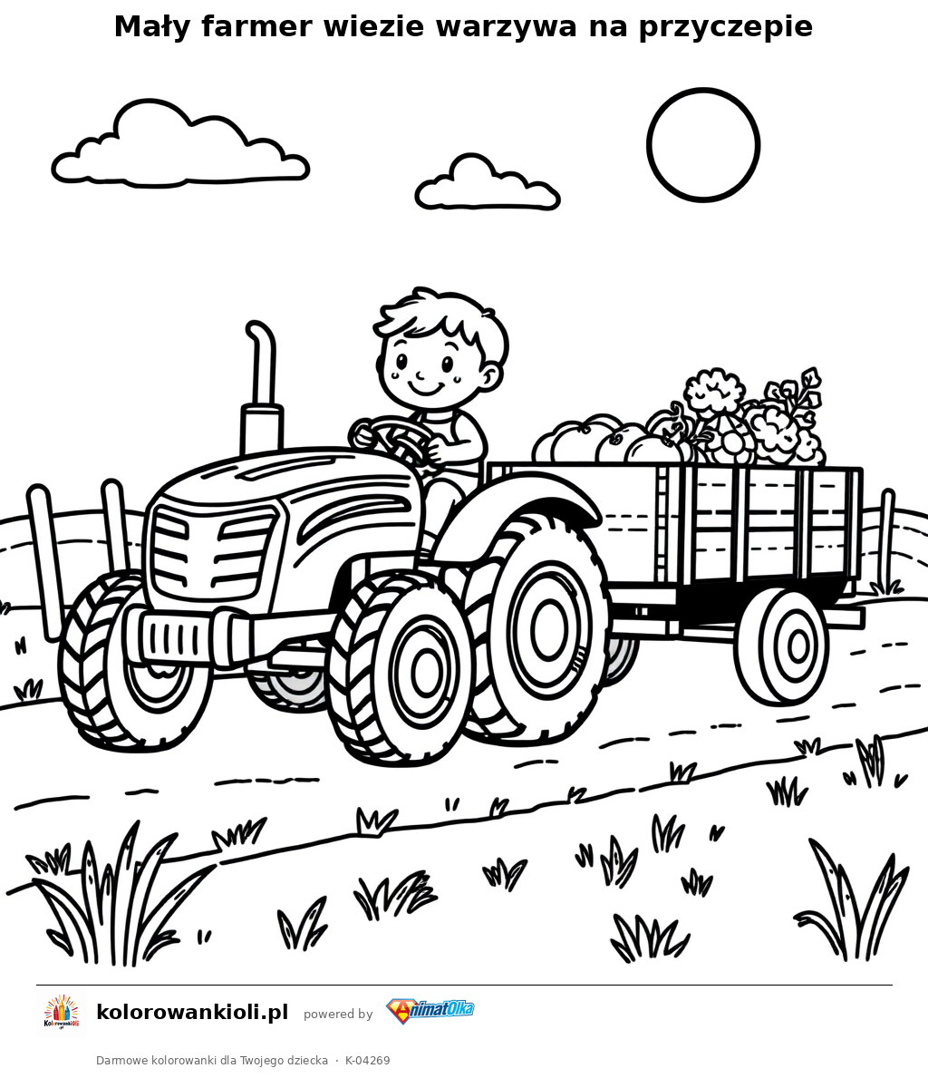 Mały farmer wiezie warzywa na przyczepie — kolorowanka do wydruku dla dzieci