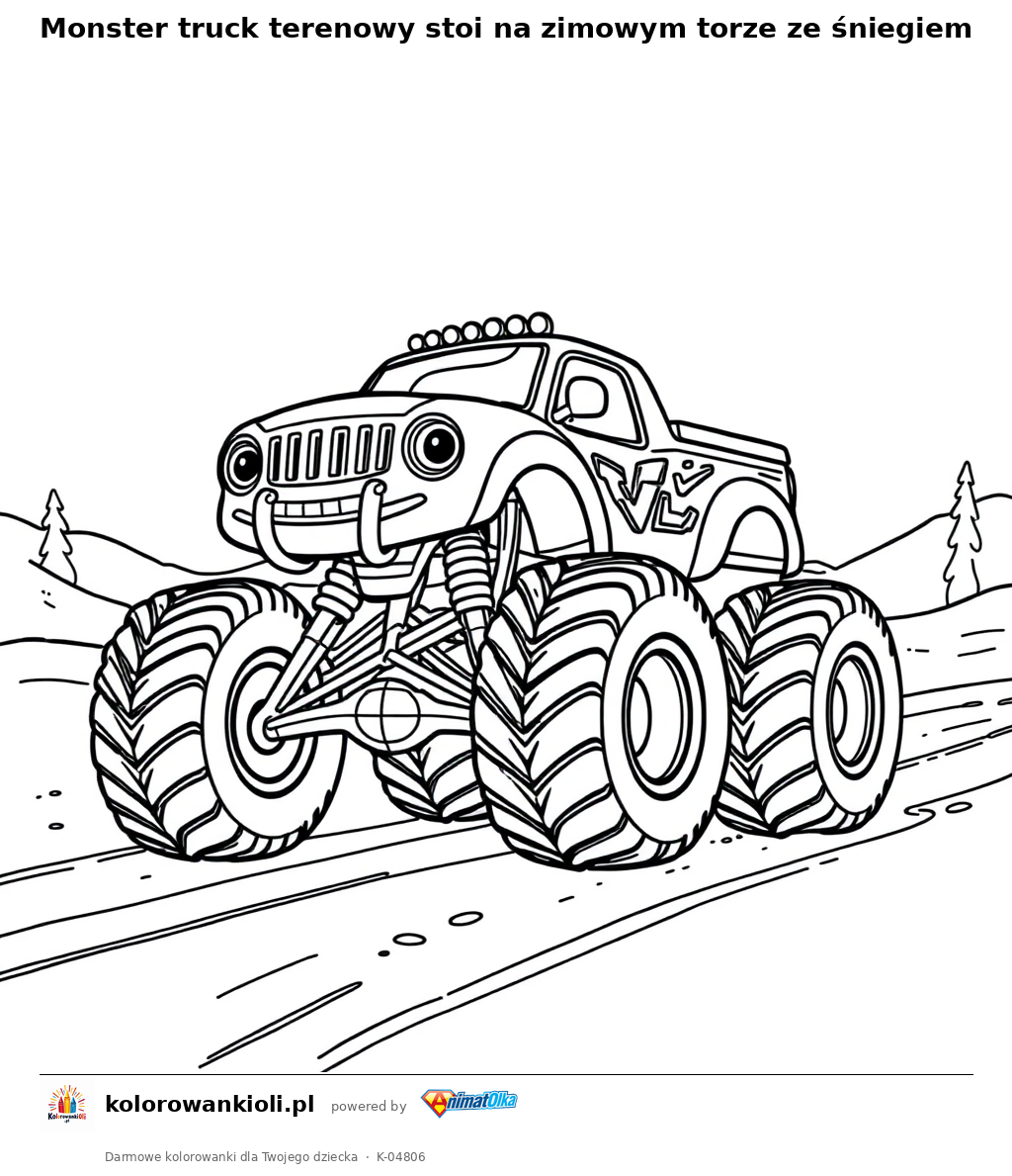 Monster truck terenowy stoi na zimowym torze ze śniegiem — kolorowanka do wydruku dla dzieci