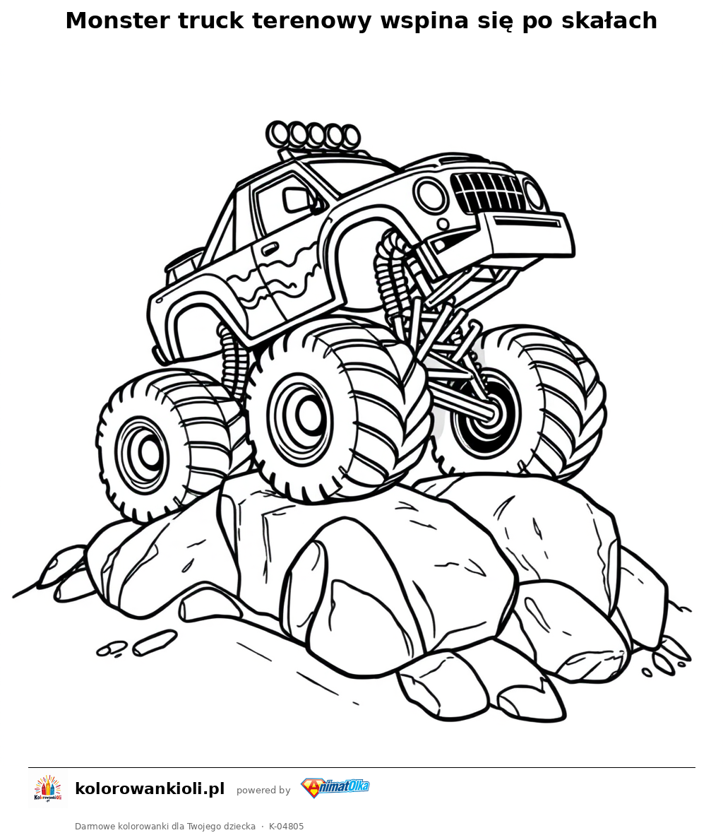 Monster truck terenowy wspina się po skałach — kolorowanka do wydruku dla dzieci
