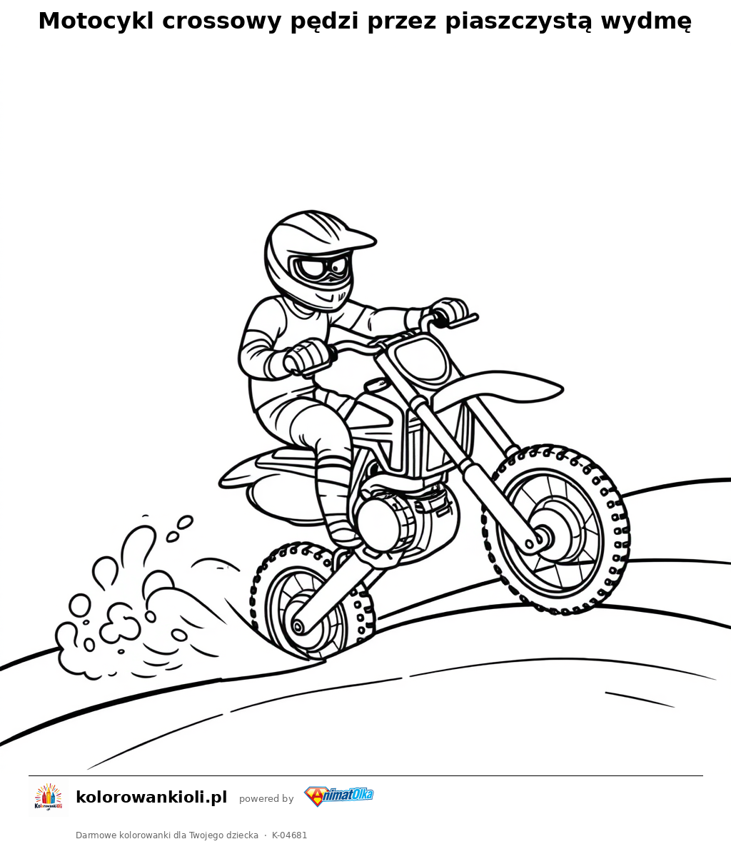 Motocykl crossowy pędzi przez piaszczystą wydmę — kolorowanka do wydruku dla dzieci
