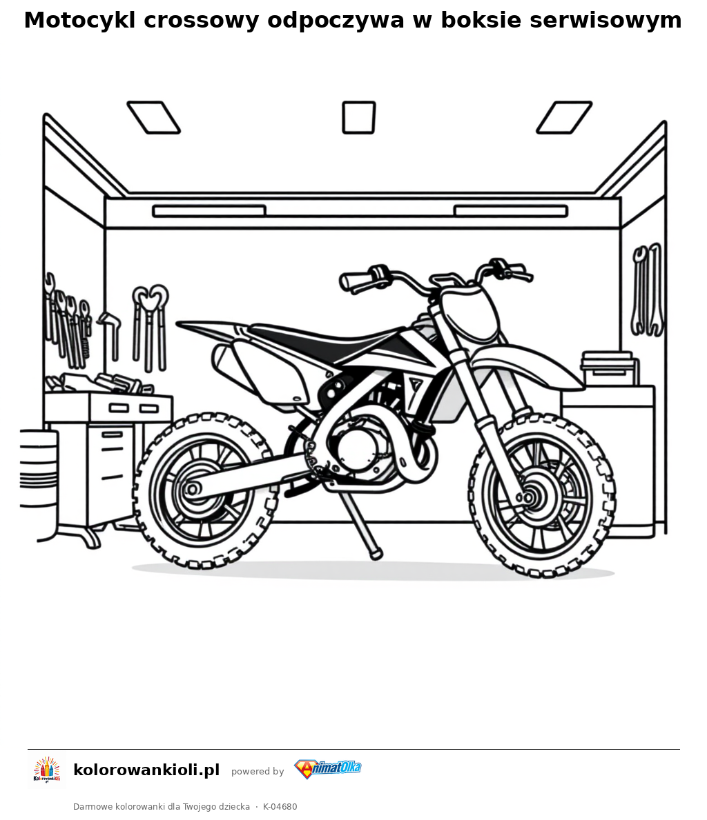 Motocykl crossowy odpoczywa w boksie serwisowym — kolorowanka do wydruku dla dzieci