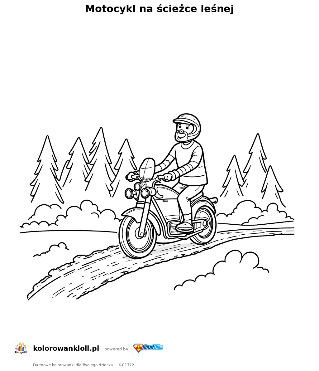 Kolorowanka — Motocykl na ścieżce leśnej