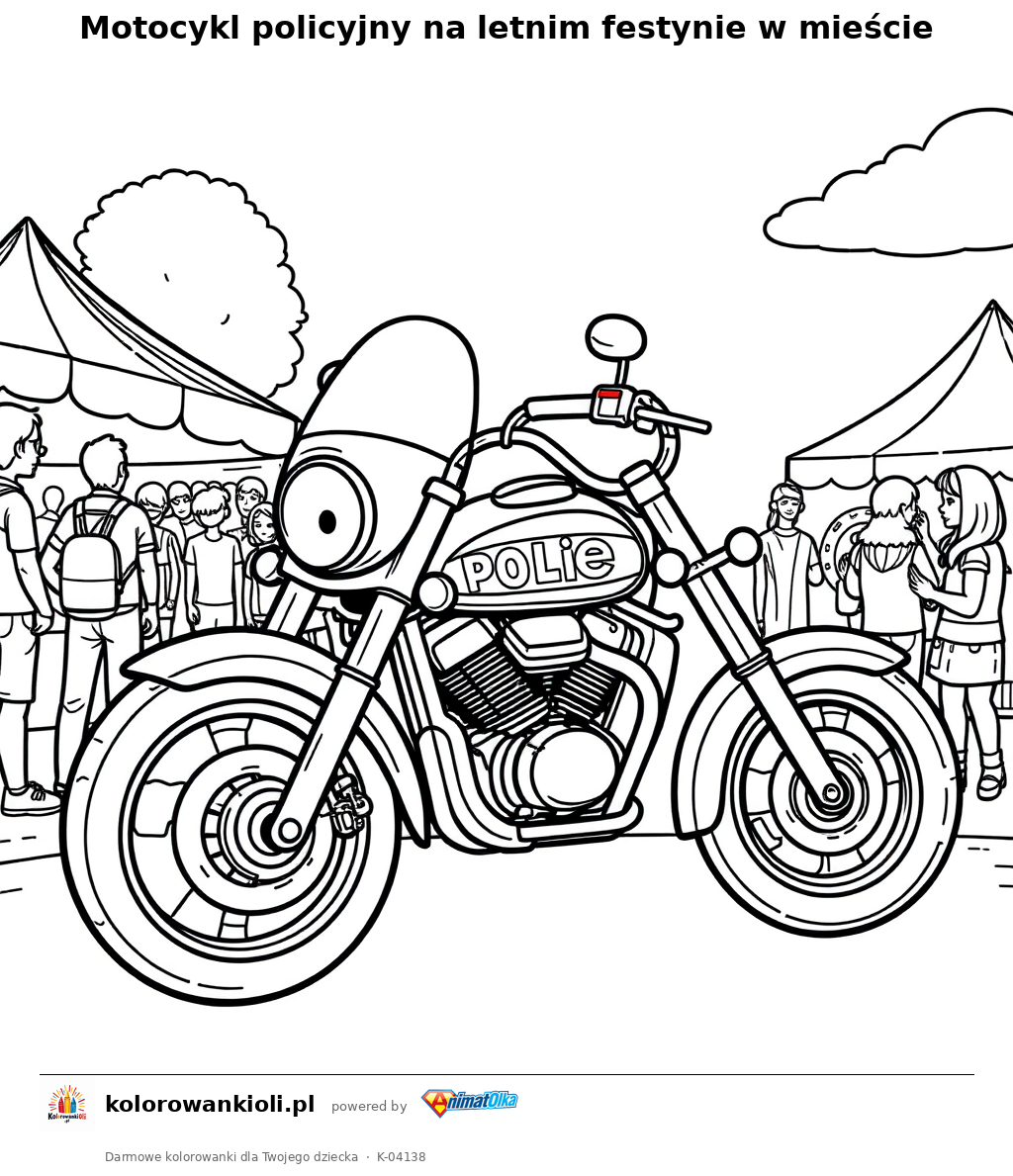 Motocykl policyjny na letnim festynie w mieście — kolorowanka do wydruku dla dzieci