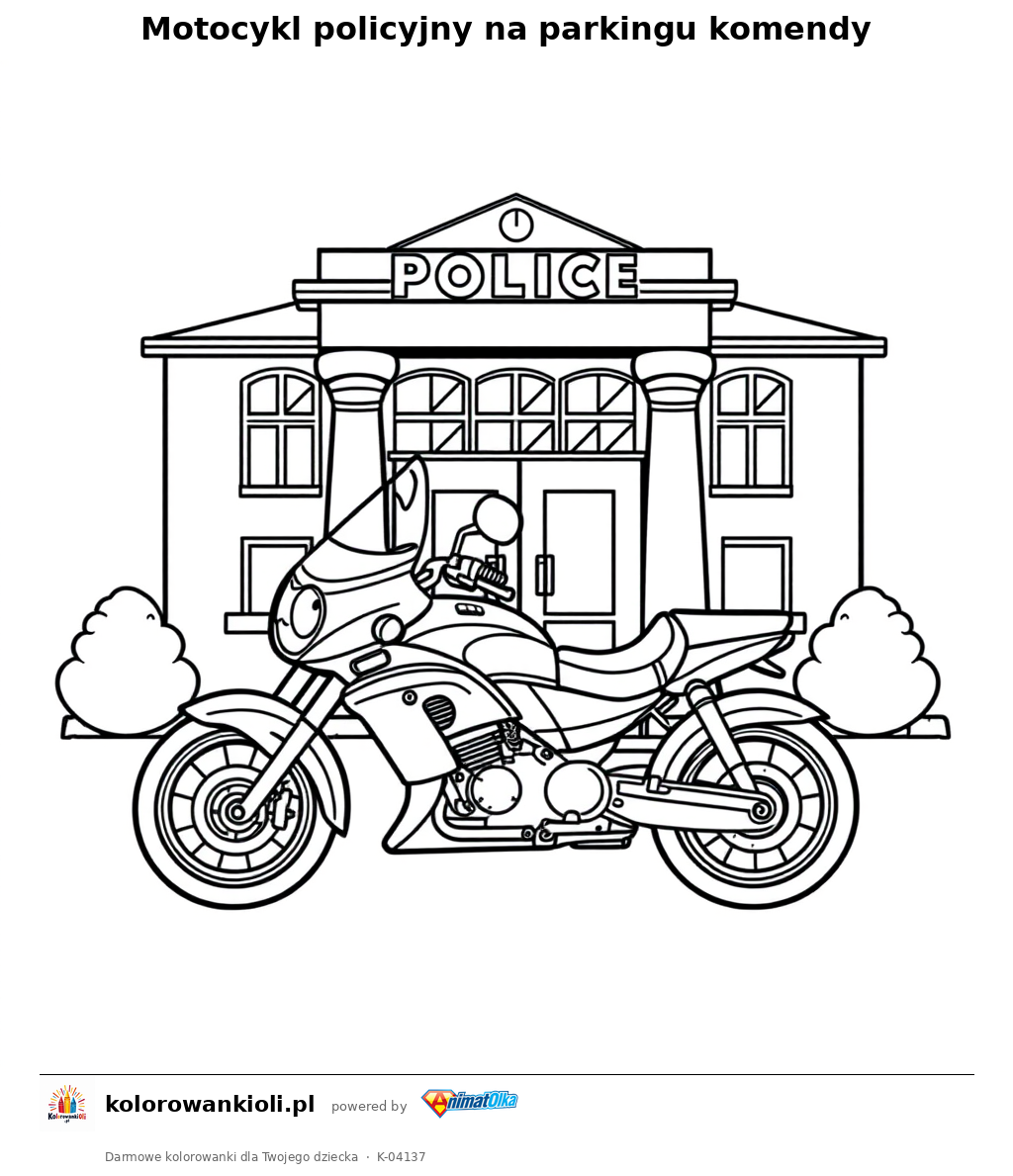 Motocykl policyjny na parkingu komendy — kolorowanka do wydruku dla dzieci