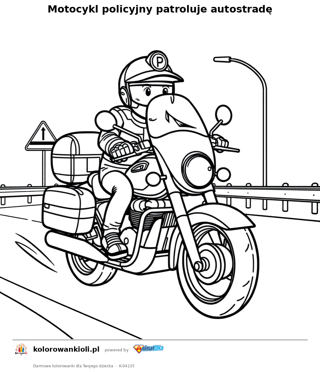 Motocykl policyjny patroluje autostradę — kolorowanka do wydruku dla dzieci