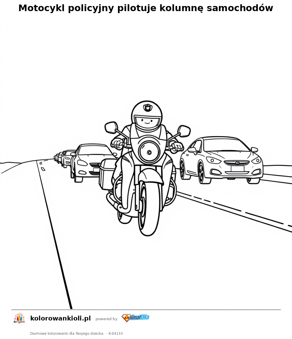 Motocykl policyjny pilotuje kolumnę samochodów — kolorowanka do wydruku dla dzieci