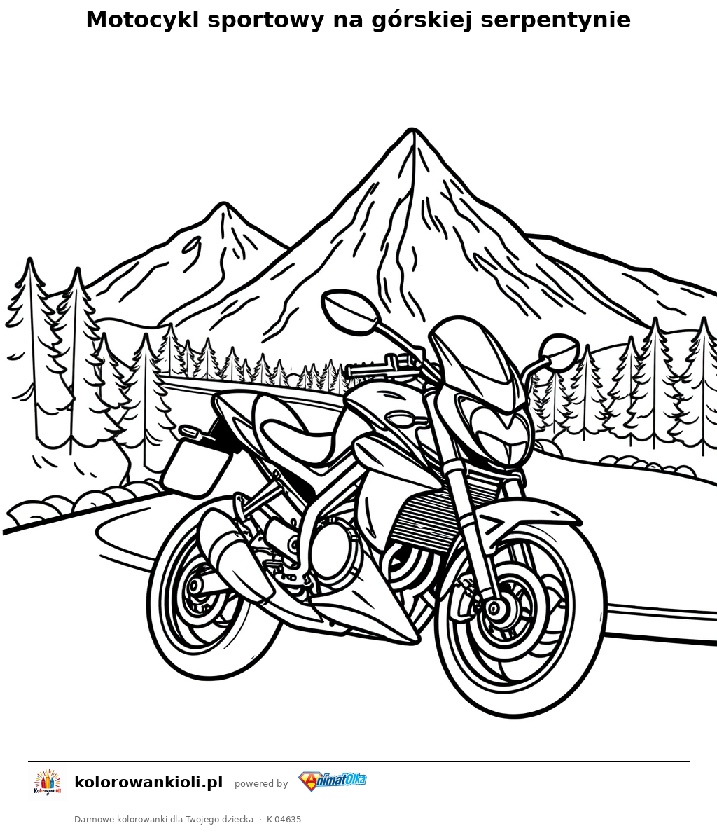 Motocykl sportowy na górskiej serpentynie — kolorowanka do wydruku dla dzieci