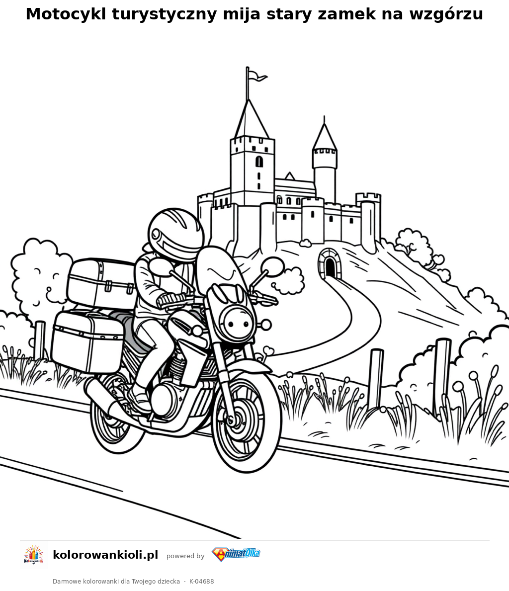 Motocykl turystyczny mija stary zamek na wzgórzu — kolorowanka do wydruku dla dzieci