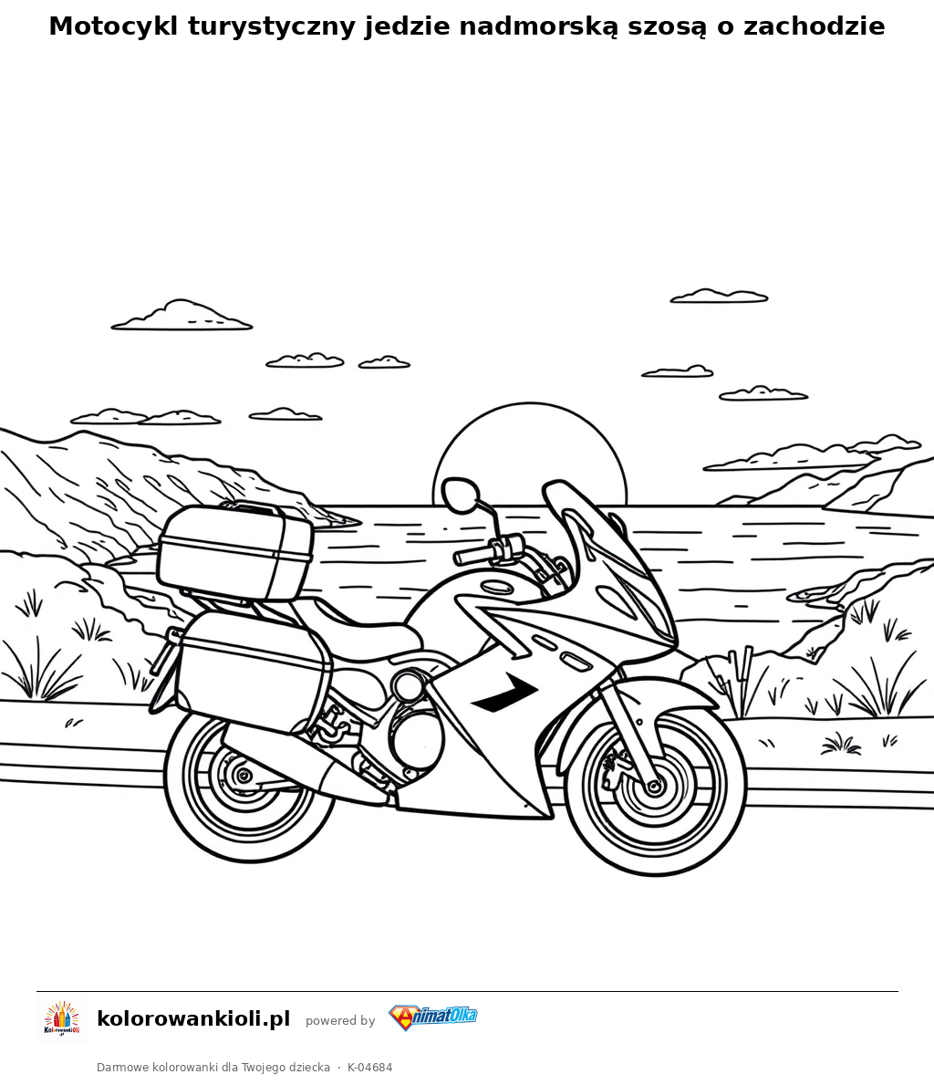 Motocykl turystyczny jedzie nadmorską szosą o zachodzie — kolorowanka do wydruku dla dzieci