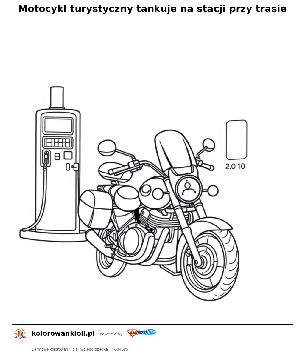 Motocykl turystyczny tankuje na stacji przy trasie — kolorowanka do wydruku dla dzieci