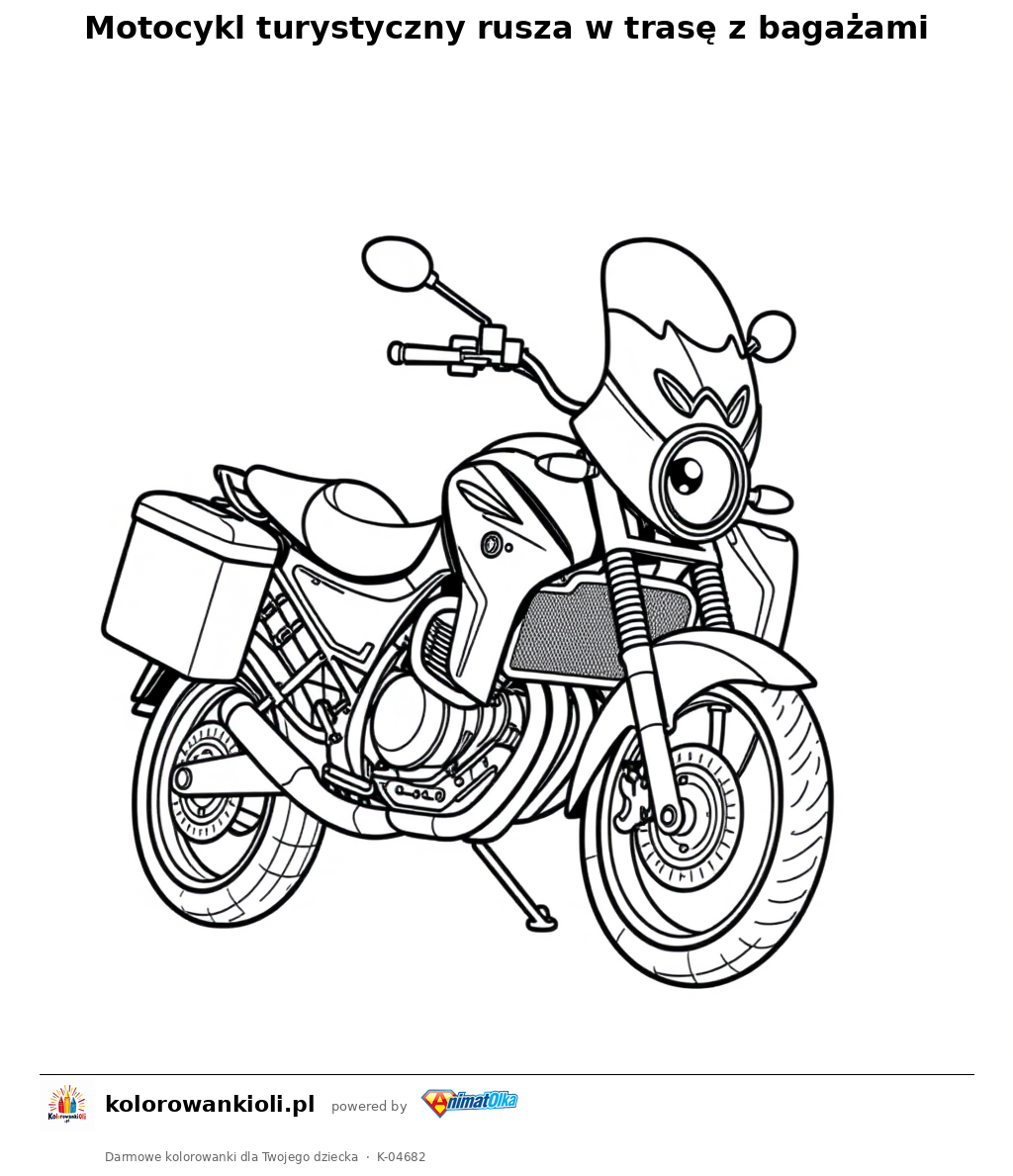 Motocykl turystyczny rusza w trasę z bagażami — kolorowanka do wydruku dla dzieci