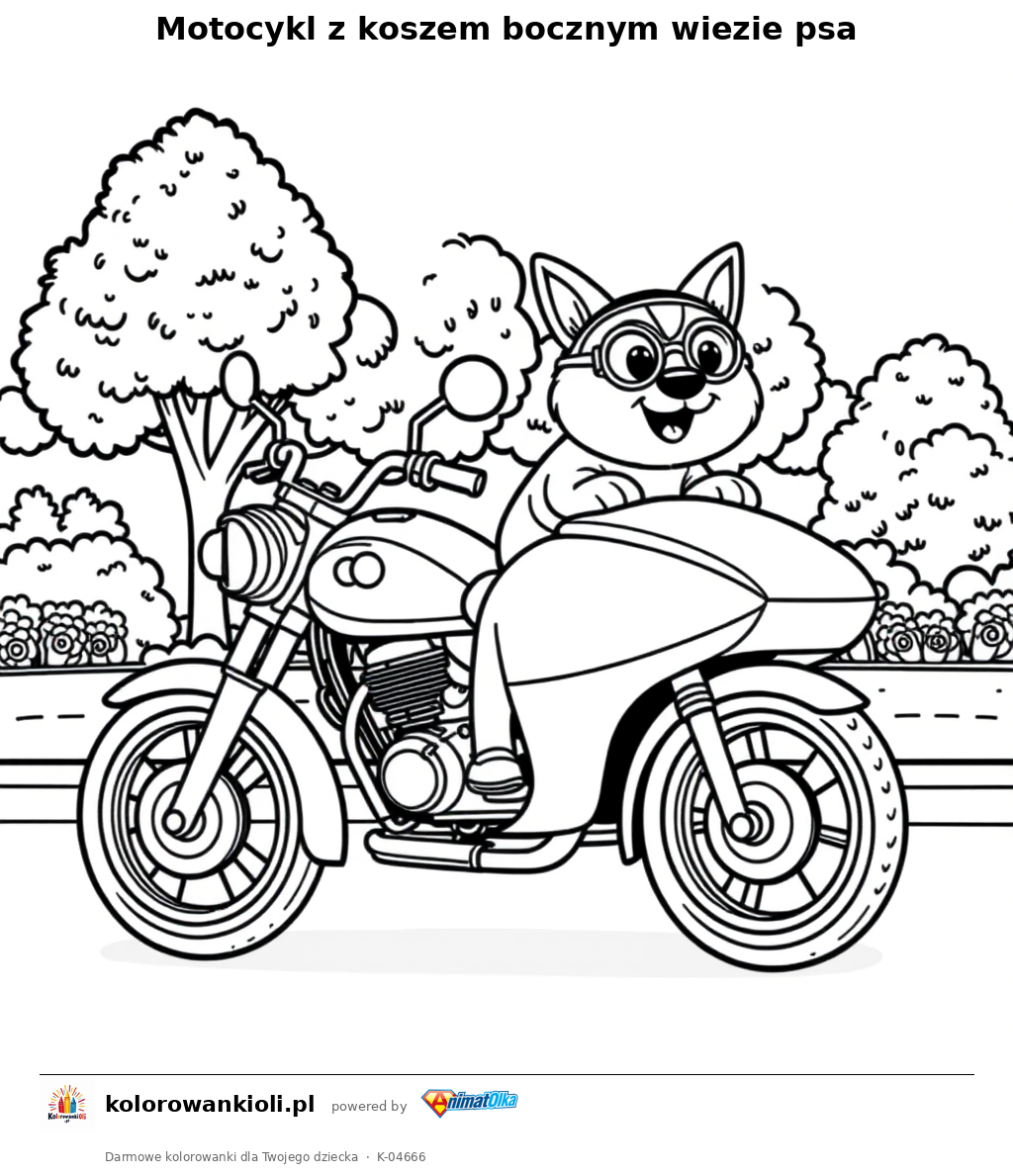 Motocykl z koszem bocznym wiezie psa — kolorowanka do wydruku dla dzieci