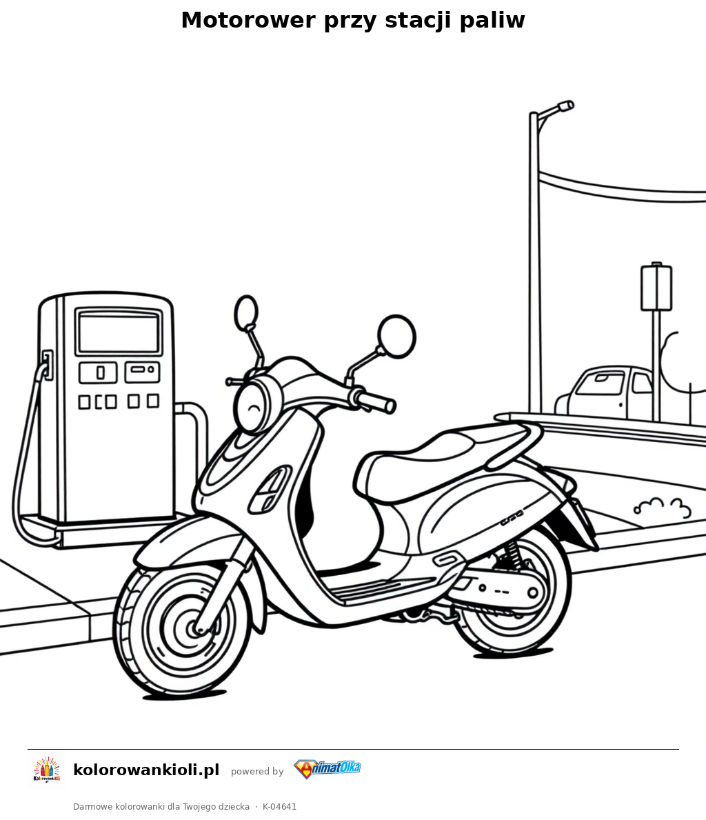 Motorower przy stacji paliw — kolorowanka do wydruku dla dzieci