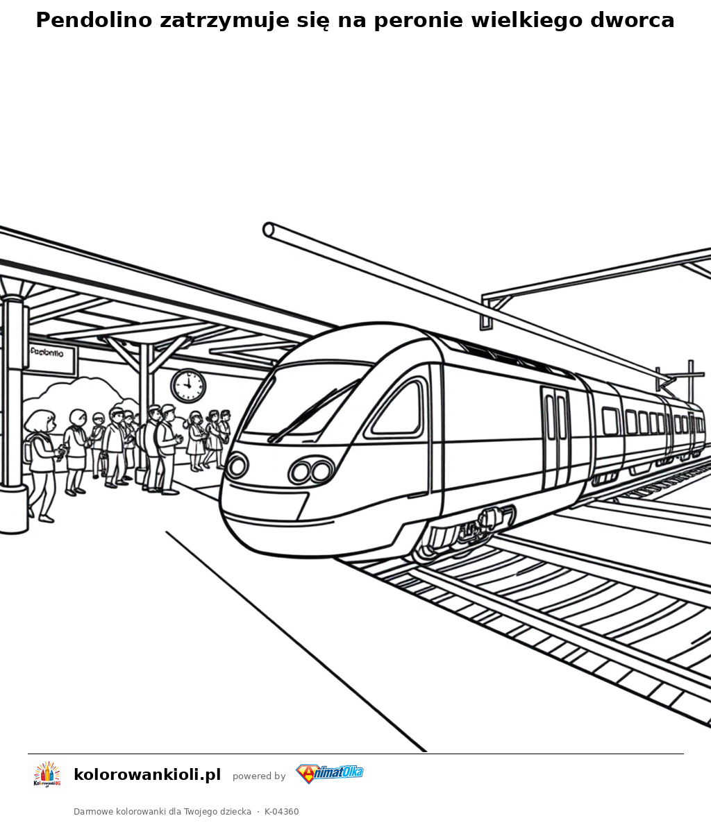 Pendolino zatrzymuje się na peronie wielkiego dworca — kolorowanka do wydruku dla dzieci