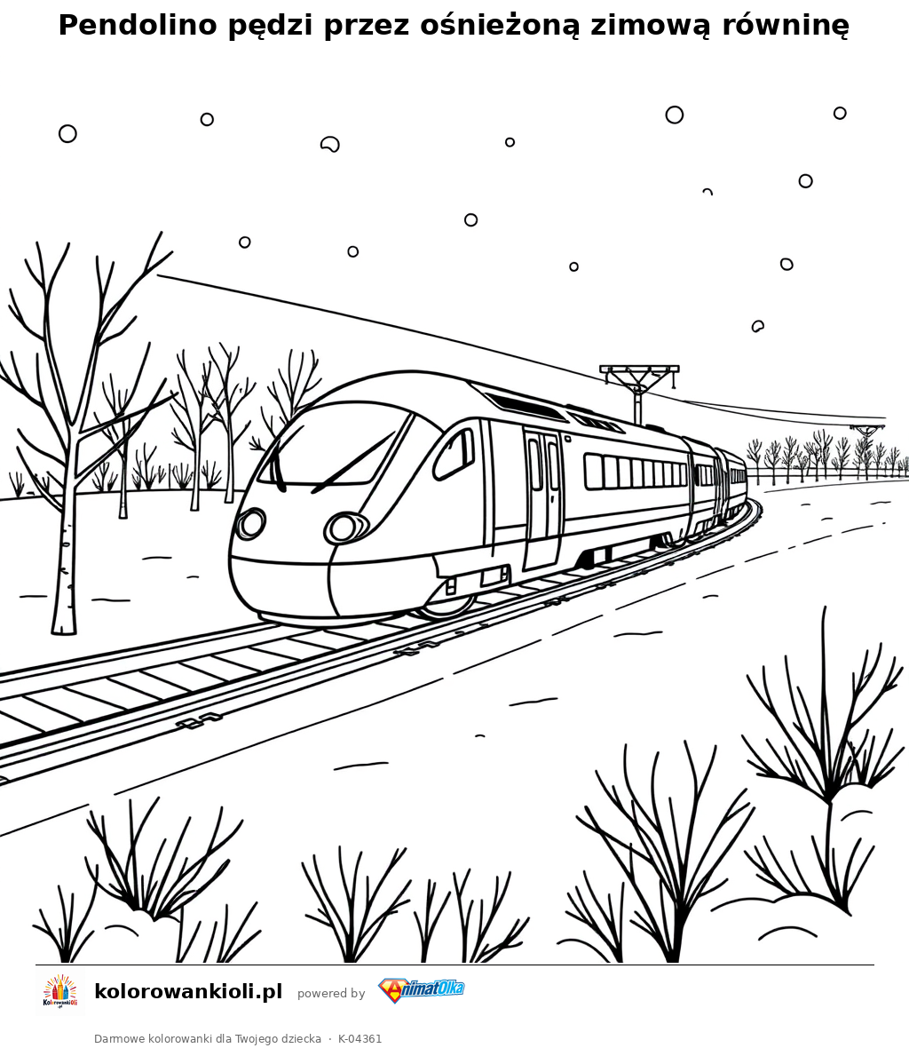 Pendolino pędzi przez ośnieżoną zimową równinę — kolorowanka do wydruku dla dzieci