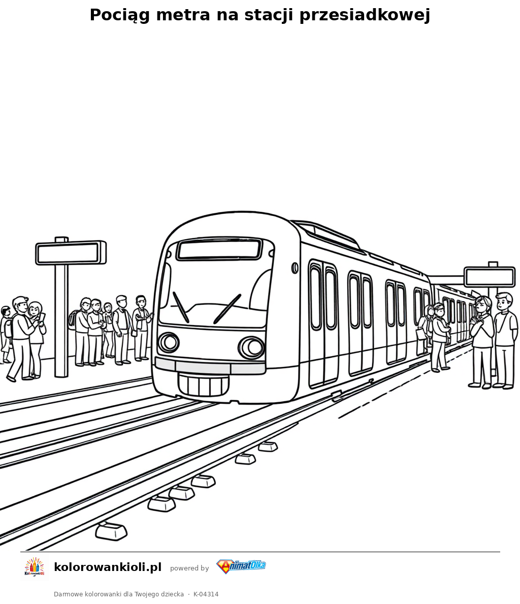 Pociąg metra na stacji przesiadkowej — kolorowanka do wydruku dla dzieci