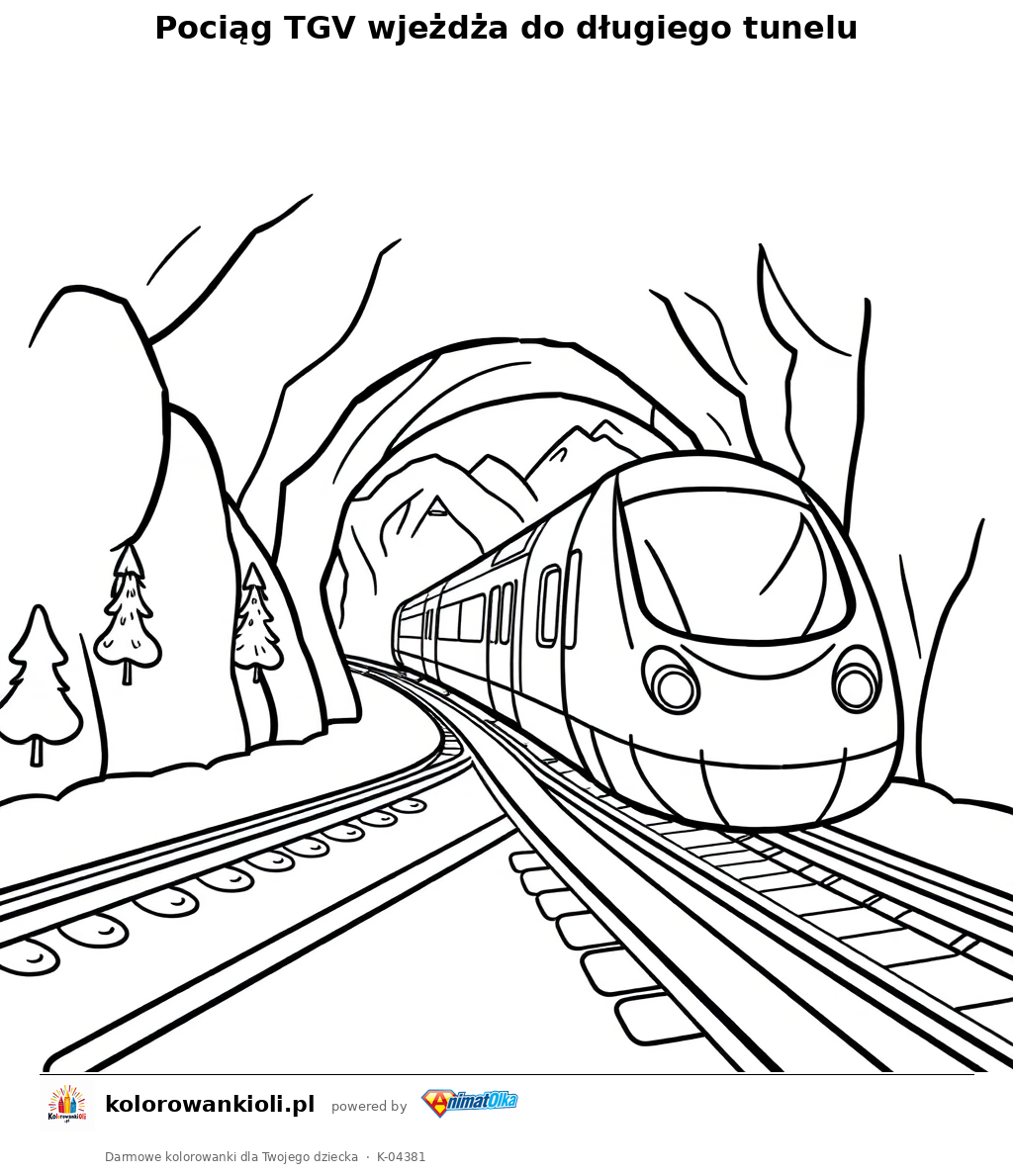 Pociąg TGV wjeżdża do długiego tunelu — kolorowanka do wydruku dla dzieci