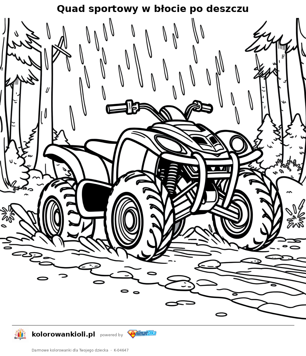 Quad sportowy w błocie po deszczu — kolorowanka do wydruku dla dzieci
