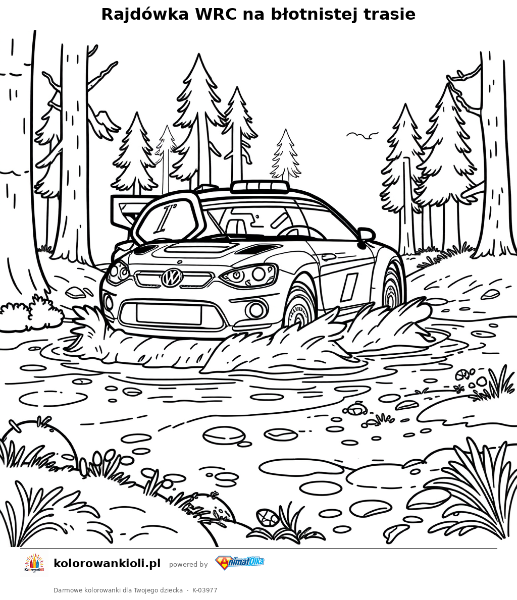 Rajdówka WRC na błotnistej trasie — kolorowanka do wydruku dla dzieci