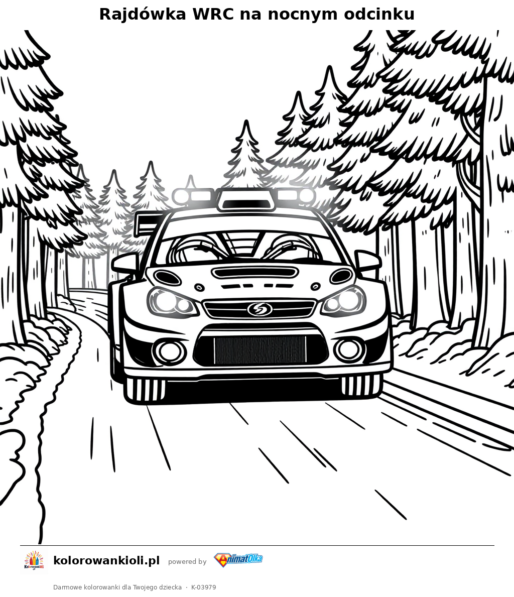 Rajdówka WRC na nocnym odcinku — kolorowanka do wydruku dla dzieci