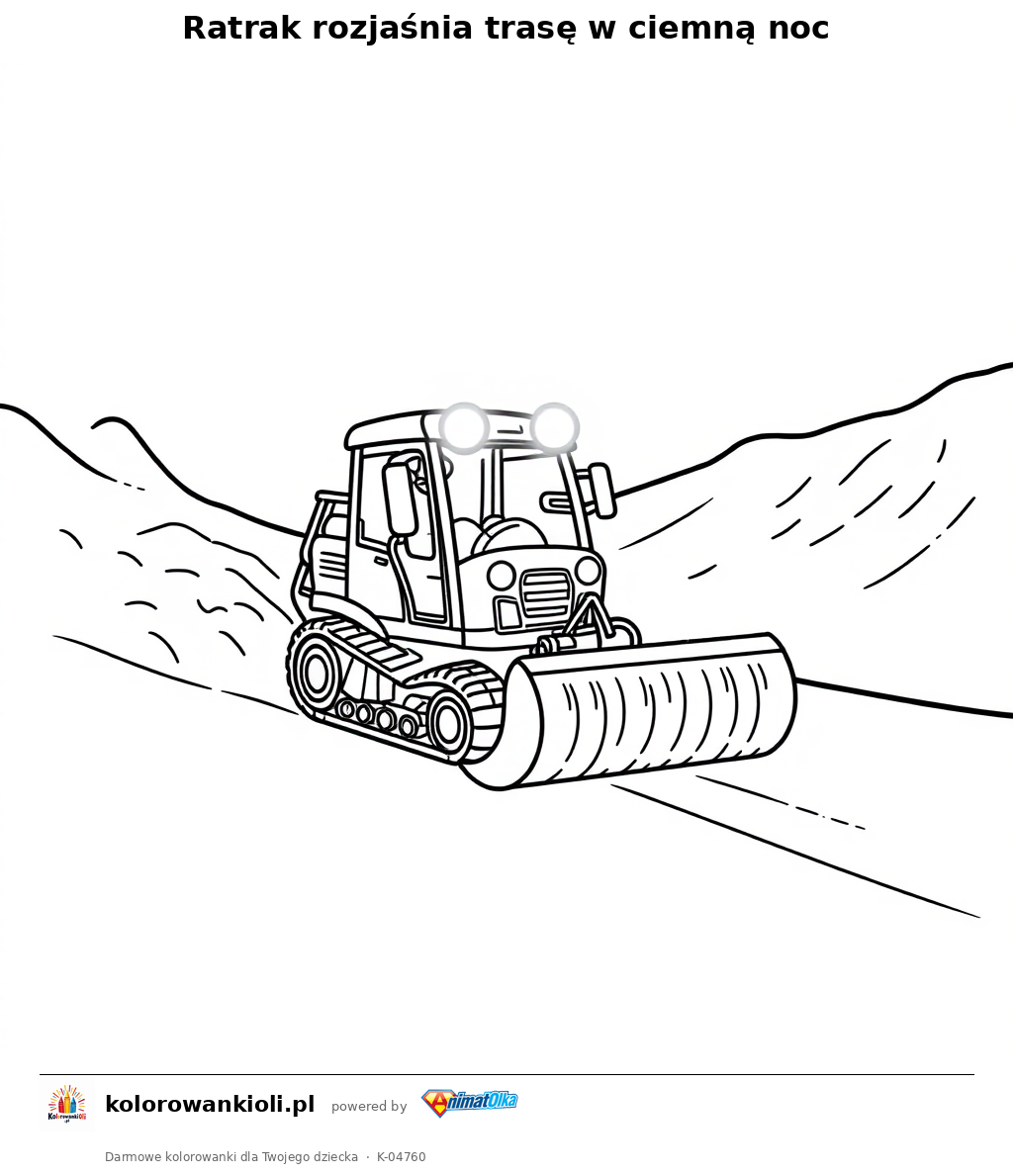 Ratrak rozjaśnia trasę w ciemną noc — kolorowanka do wydruku dla dzieci