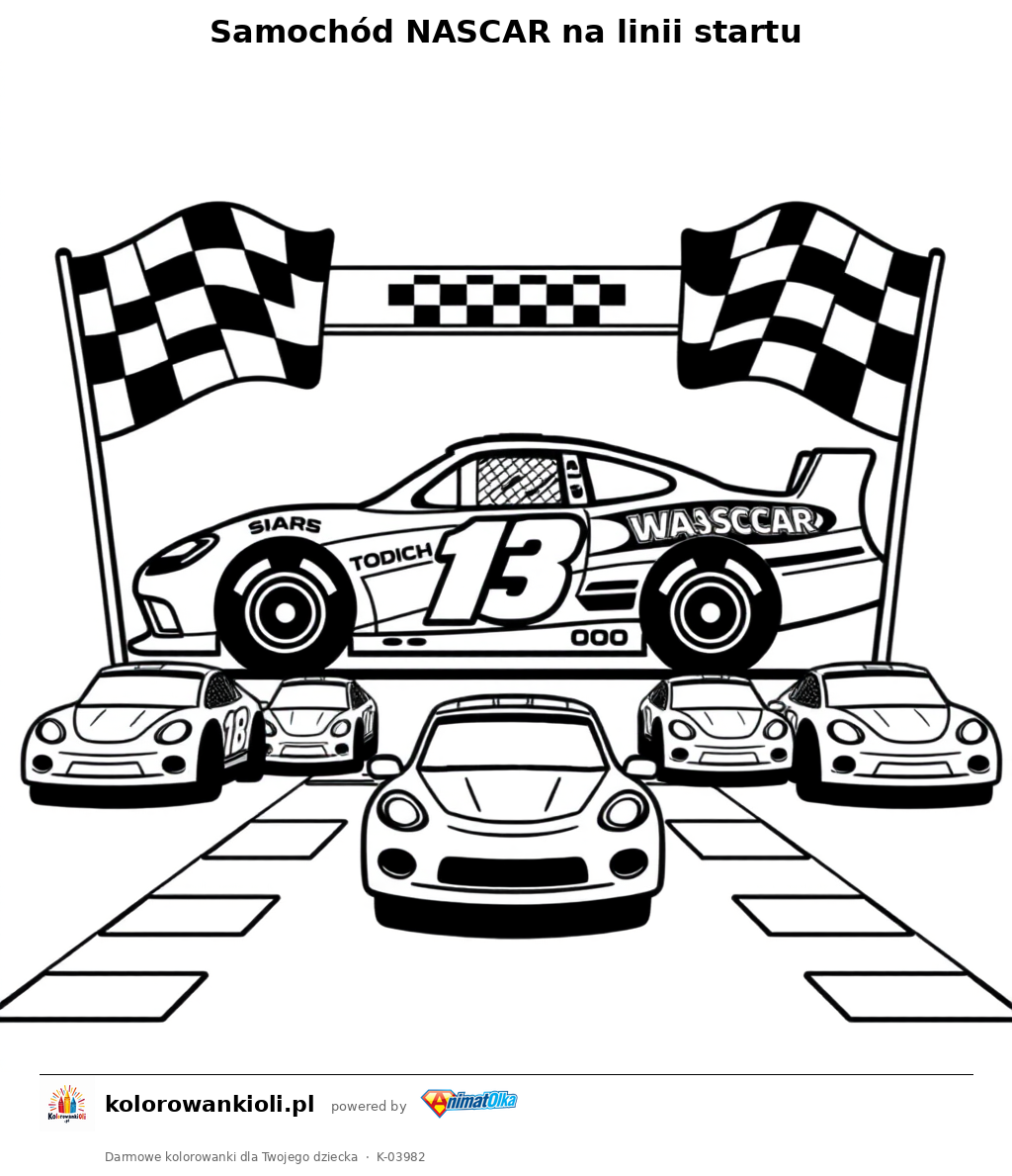 Samochód NASCAR na linii startu — kolorowanka do wydruku dla dzieci