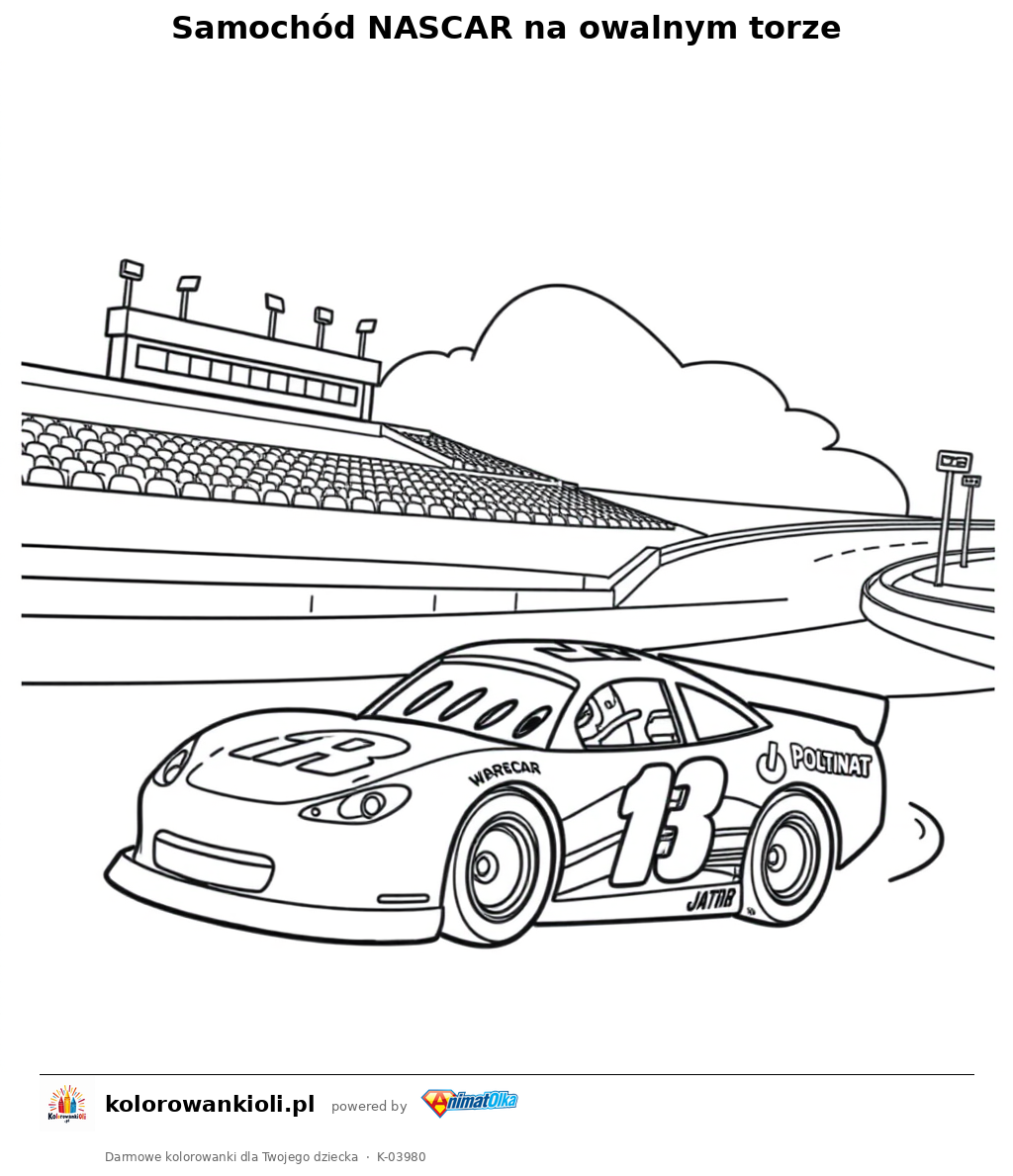 Samochód NASCAR na owalnym torze — kolorowanka do wydruku dla dzieci