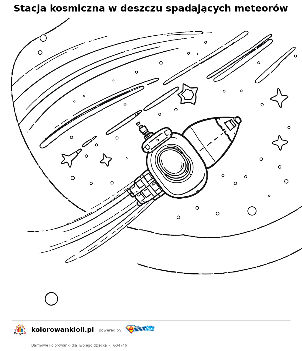 Stacja kosmiczna w deszczu spadających meteorów — kolorowanka do wydruku dla dzieci