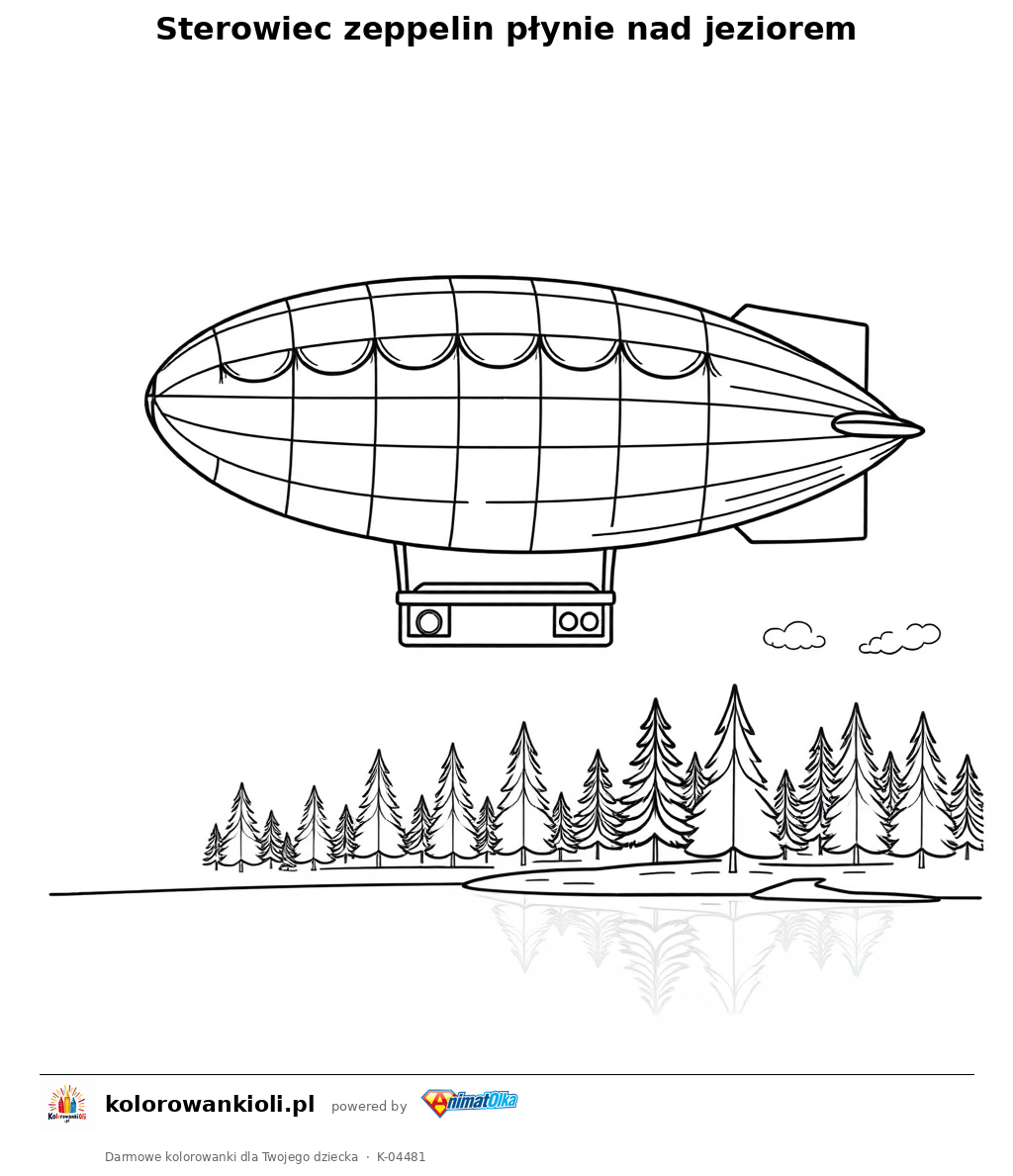 Sterowiec zeppelin płynie nad jeziorem — kolorowanka do wydruku dla dzieci