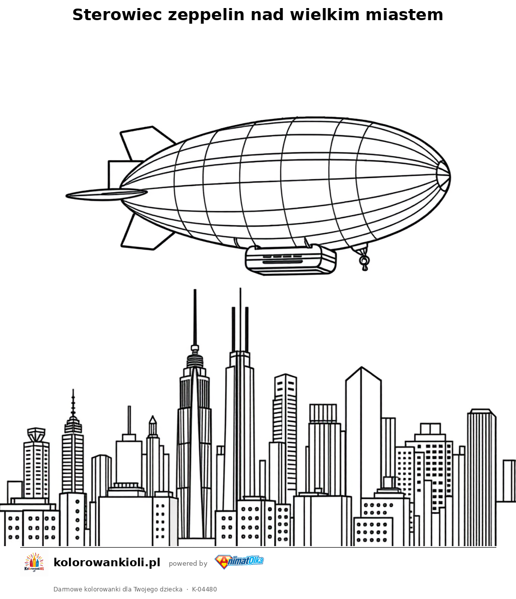 Sterowiec zeppelin nad wielkim miastem — kolorowanka do wydruku dla dzieci