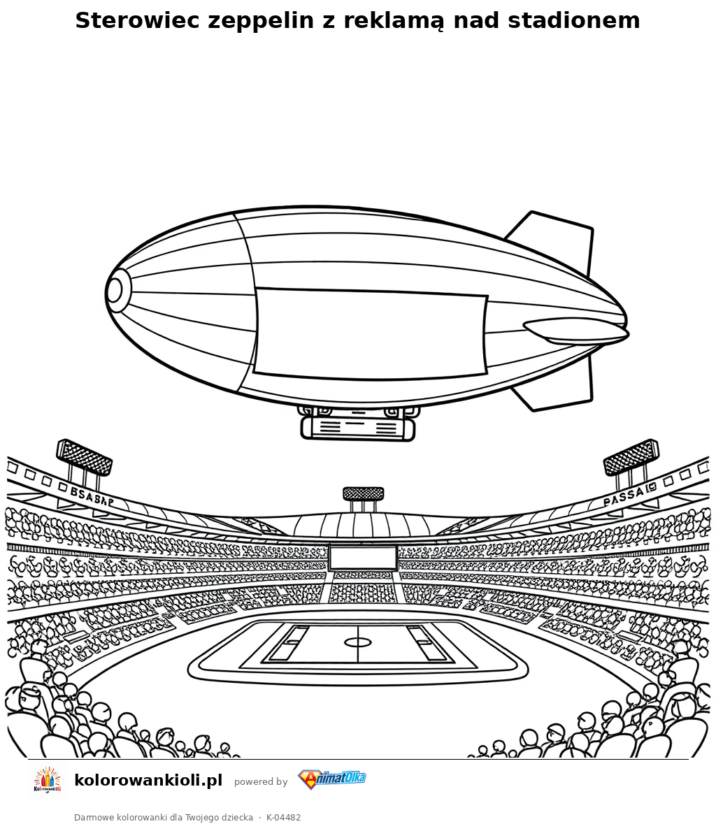 Sterowiec zeppelin z reklamą nad stadionem — kolorowanka do wydruku dla dzieci