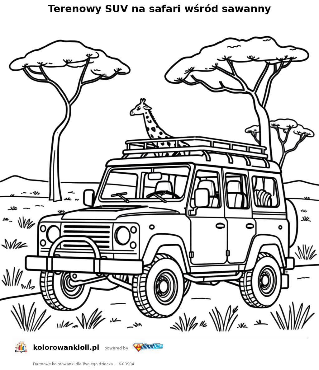 Terenowy SUV na safari wśród sawanny — kolorowanka do wydruku dla dzieci