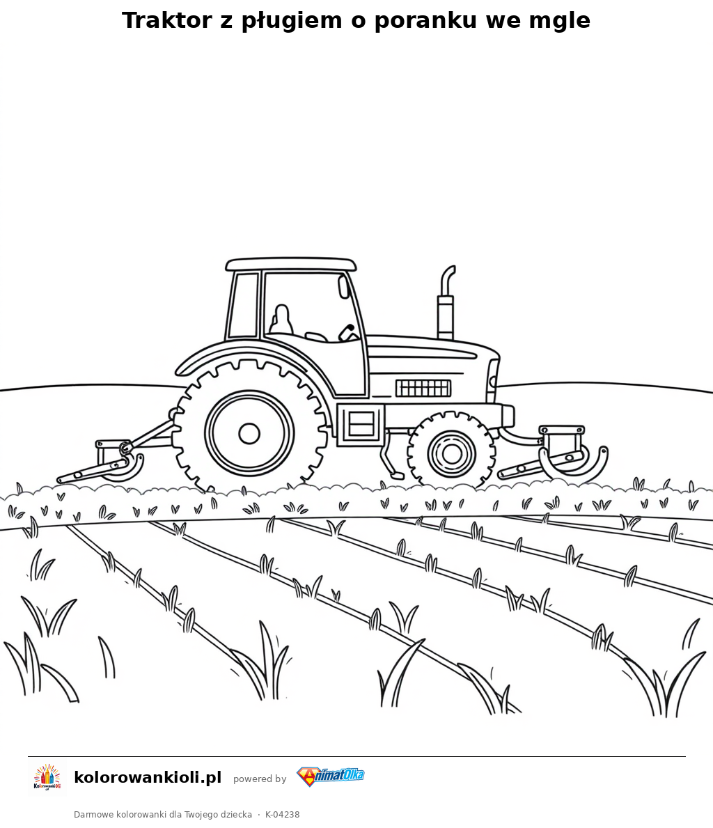 Traktor z pługiem o poranku we mgle — kolorowanka do wydruku dla dzieci