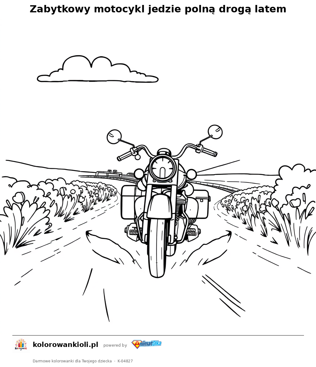 Zabytkowy motocykl jedzie polną drogą latem — kolorowanka do wydruku dla dzieci