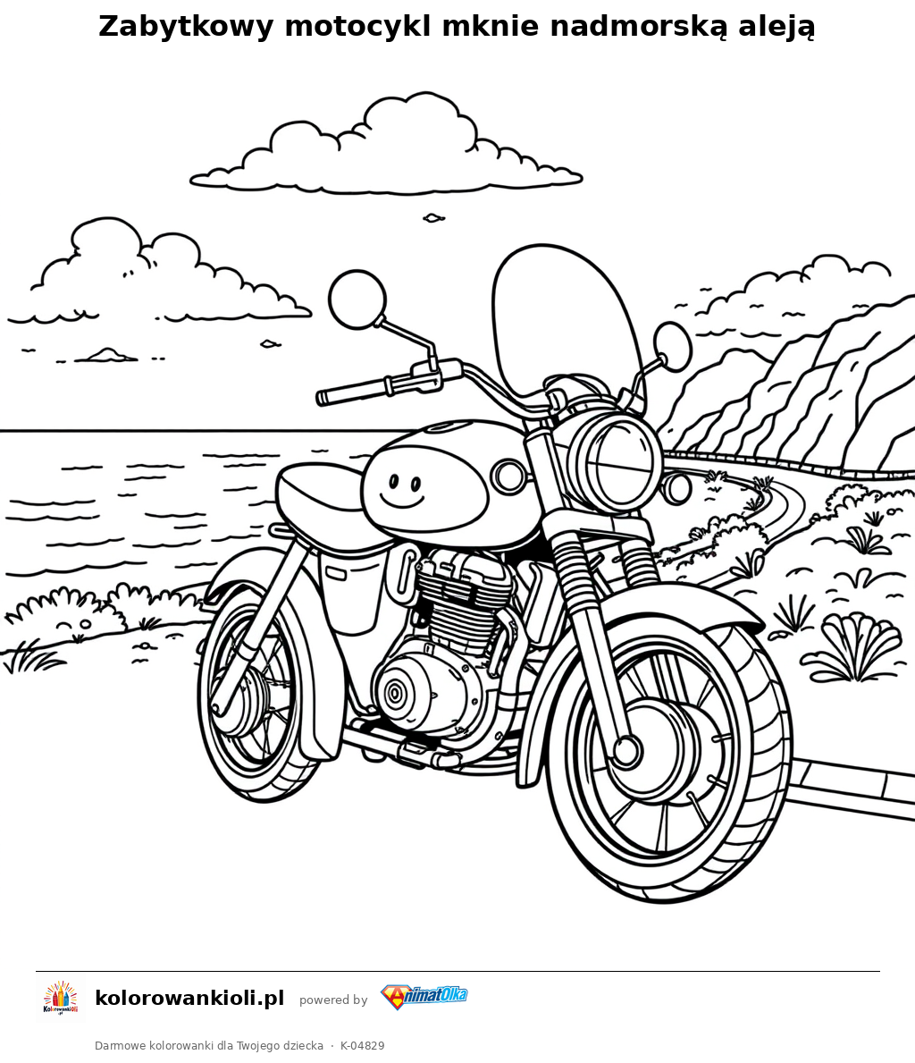 Zabytkowy motocykl mknie nadmorską aleją — kolorowanka do wydruku dla dzieci