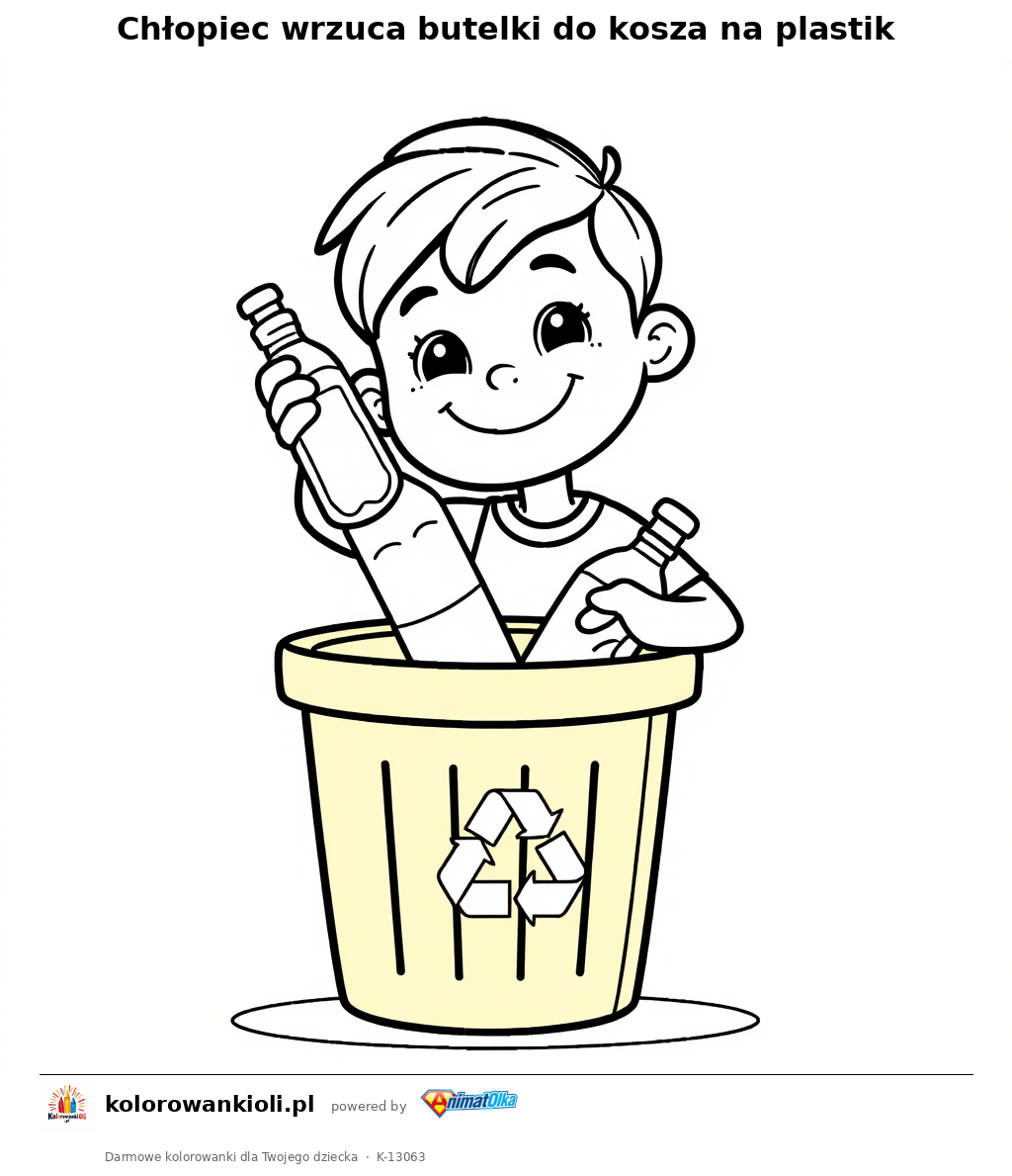 Chłopiec wrzuca butelki do kosza na plastik — kolorowanka do wydruku dla dzieci