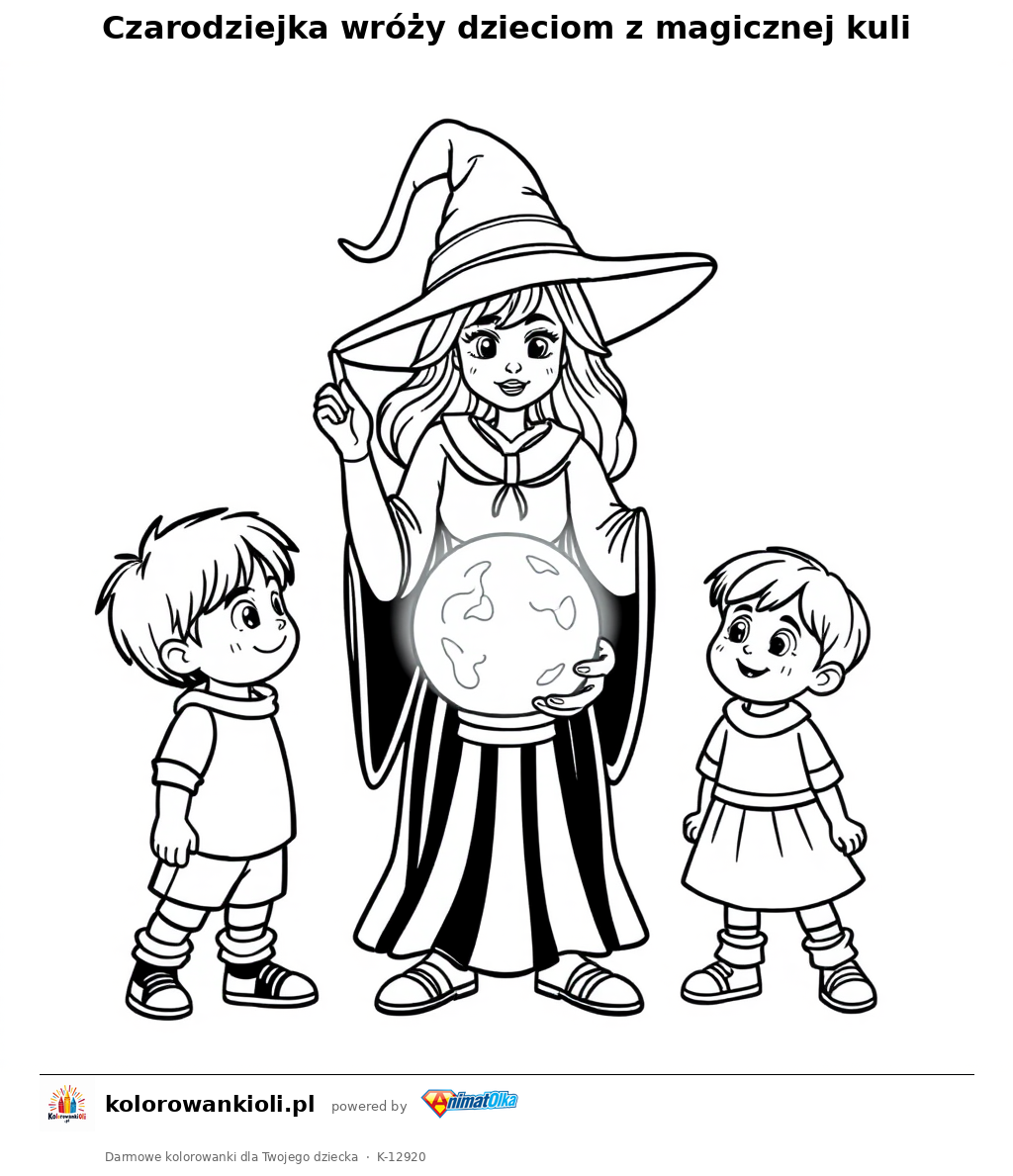 Czarodziejka wróży dzieciom z magicznej kuli — kolorowanka do wydruku dla dzieci