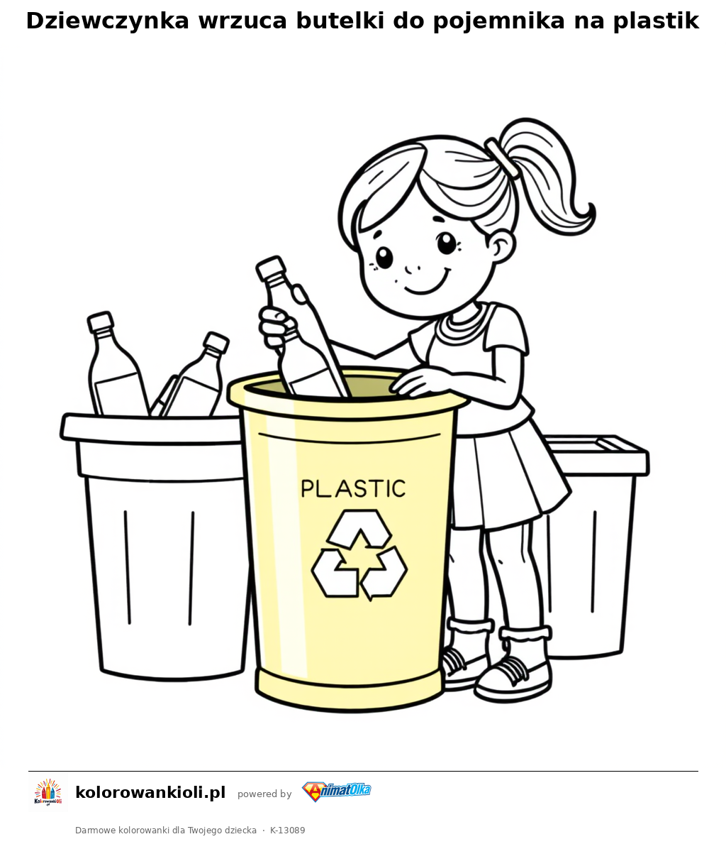 Dziewczynka wrzuca butelki do pojemnika na plastik — kolorowanka do wydruku dla dzieci
