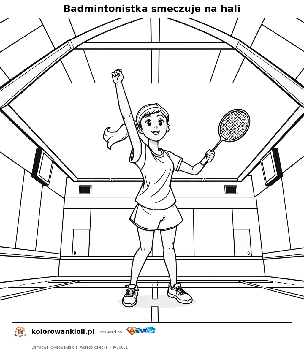 Badmintonistka smeczuje na hali — kolorowanka do wydruku dla dzieci
