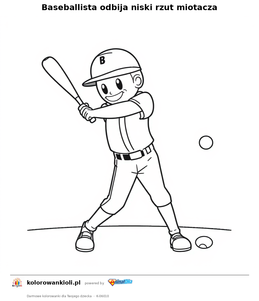 Baseballista odbija niski rzut miotacza — kolorowanka do wydruku dla dzieci