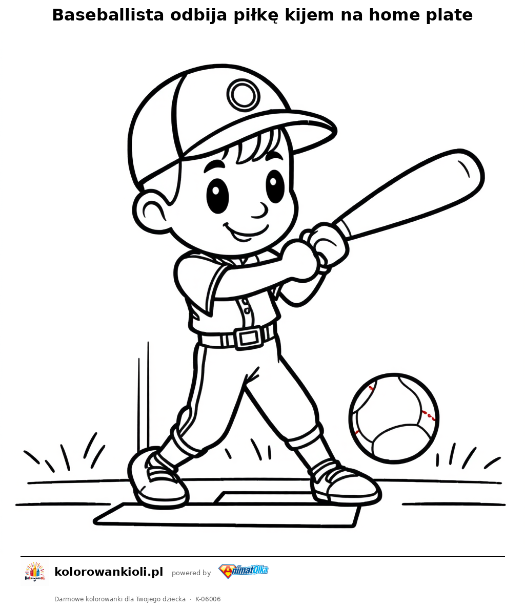 Baseballista odbija piłkę kijem na home plate — kolorowanka do wydruku dla dzieci