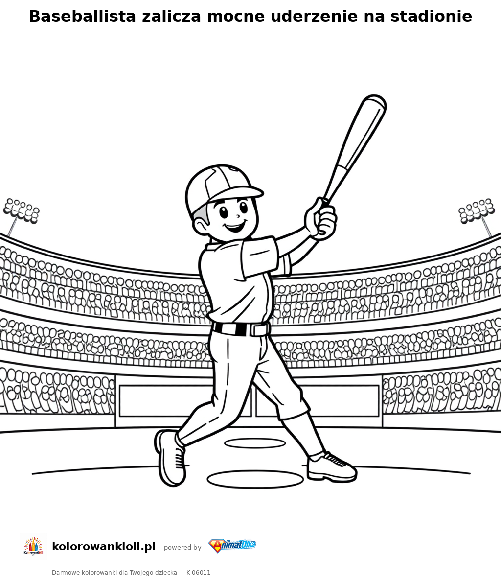 Baseballista zalicza mocne uderzenie na stadionie — kolorowanka do wydruku dla dzieci