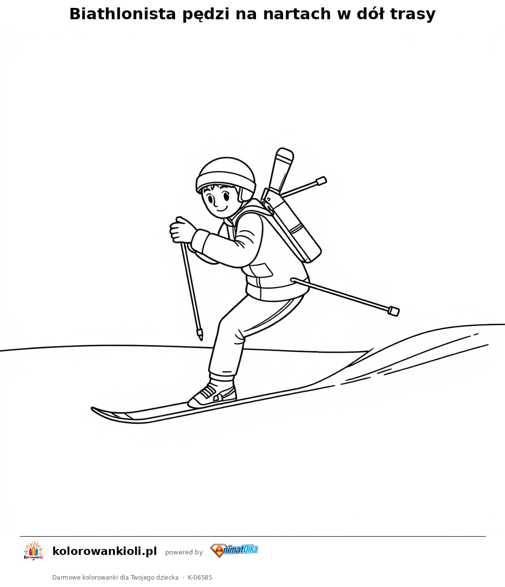 Biathlonista pędzi na nartach w dół trasy — kolorowanka do wydruku dla dzieci