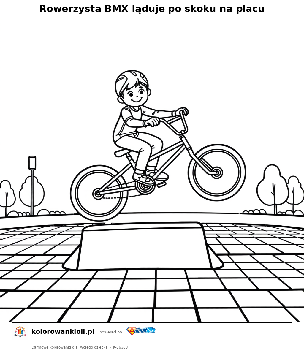 Rowerzysta BMX ląduje po skoku na placu — kolorowanka do wydruku dla dzieci